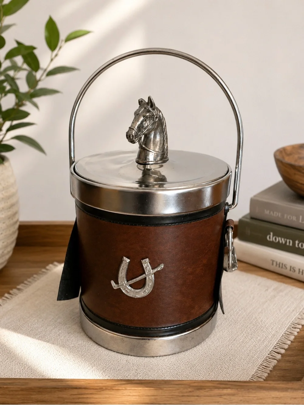 Vintage Equestrian Polo Faux Leather Ice Bucket with Horse Head Lid